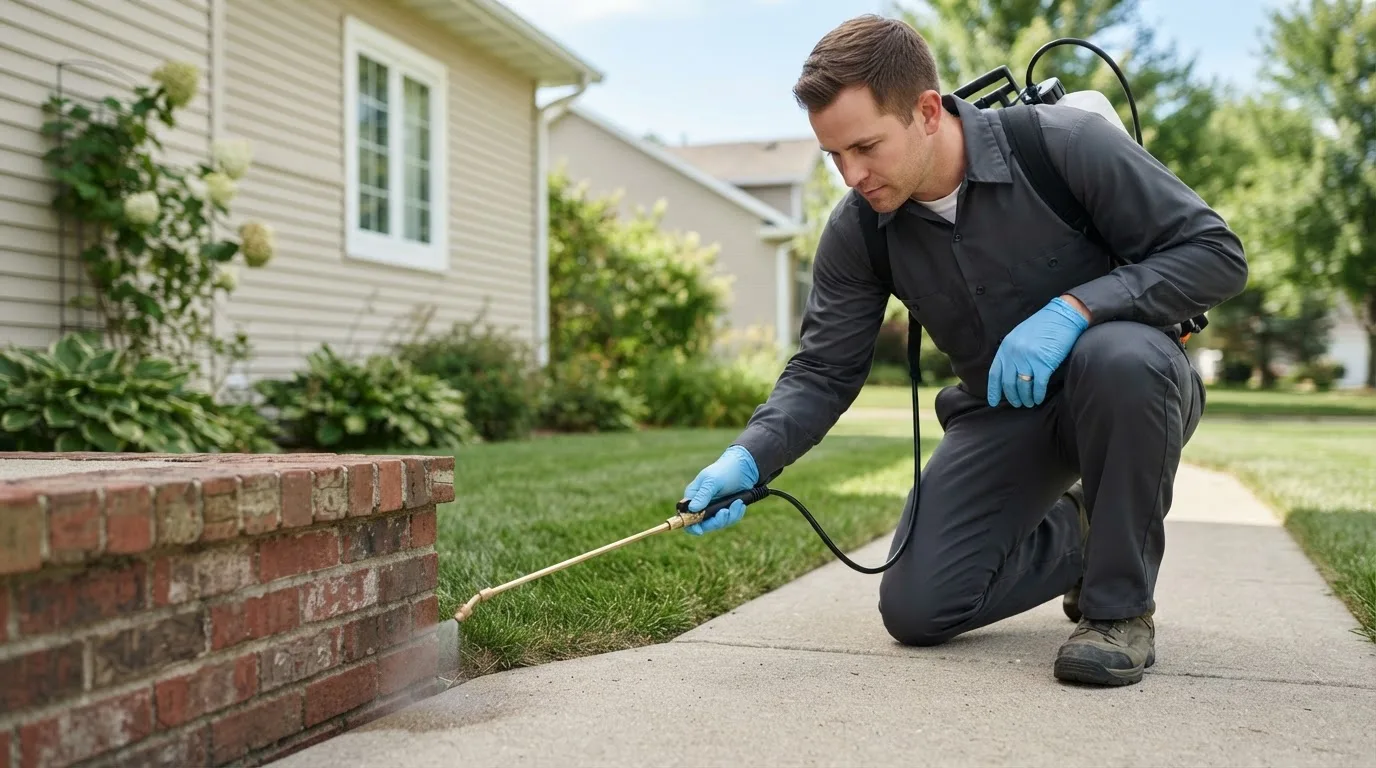 Pest control technician treating a home near Sioux City, IA